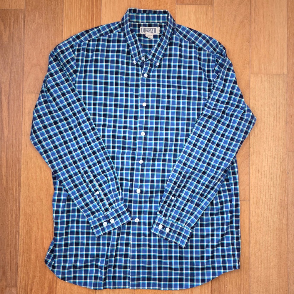 Duluth Trading Co Mens 2XL Tall Trim Fit Plaid Button Down Shirt Blue Yellow‎